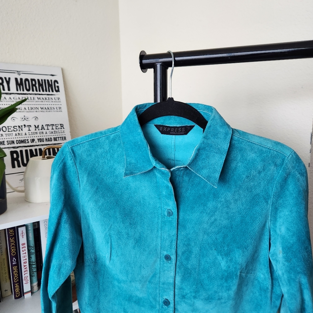 Vintage Express Teal Suede Button Up Shirt - Picture 3 of 5